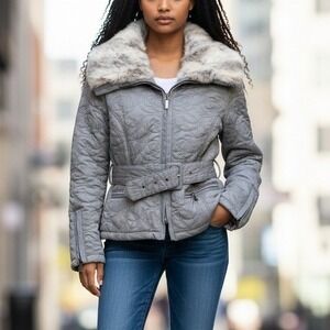 Rare Bebe Rabbit Fur Quilted Jacket Belted Gray Lined Vintage Y2K Womens M